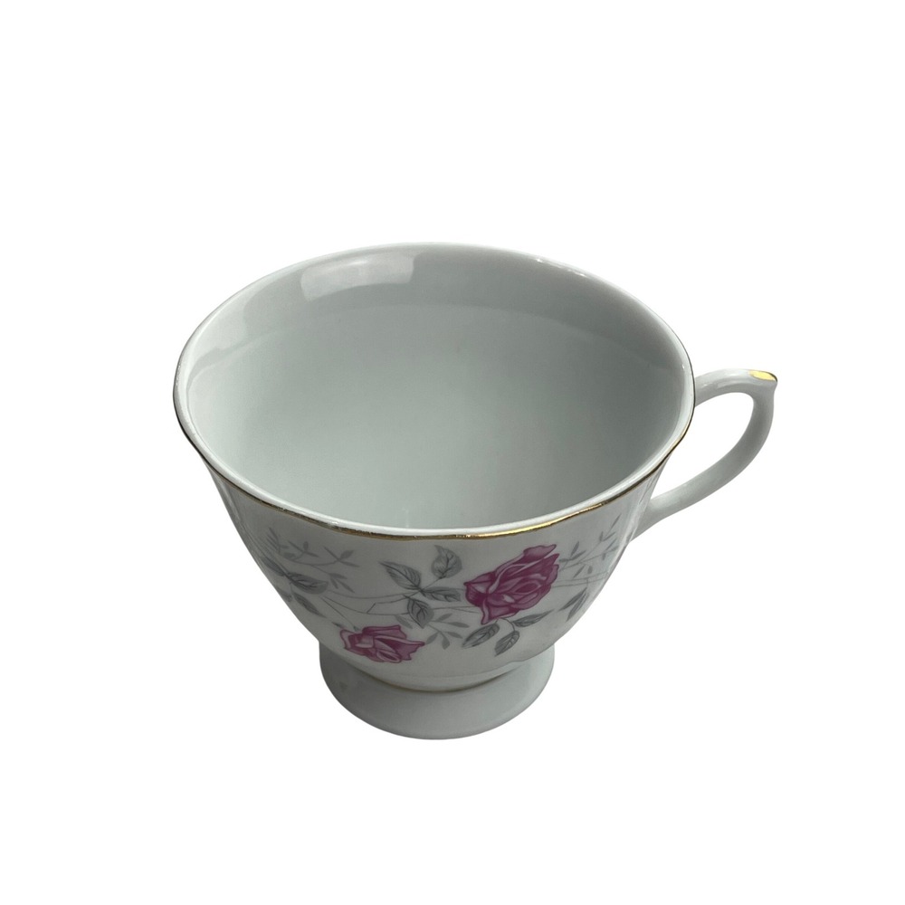 Vintage Porcelain Pink Rose Floral Teacup Gold Trim Footed White Tea Cup China - Picture 3 of 4